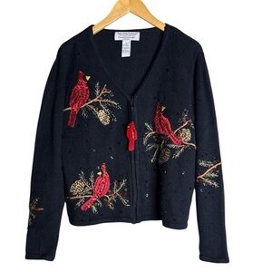 Tiara  International Petites Cardinal Bird Beaded Christmas Cardigan Sweater PL